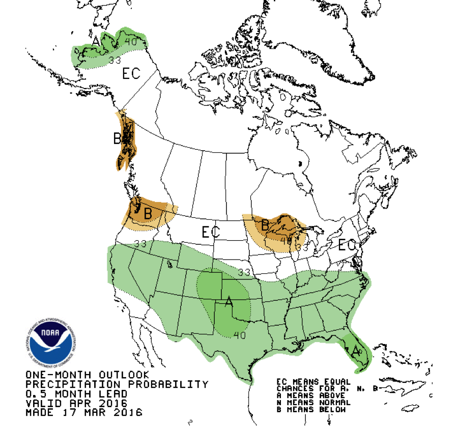One-month outlook for April 2016. Courtesy NOAA.