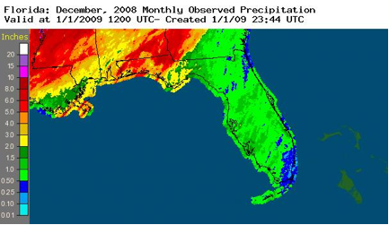 Figure 1:  Radar-derived rainfall totals for the month of December (inches)