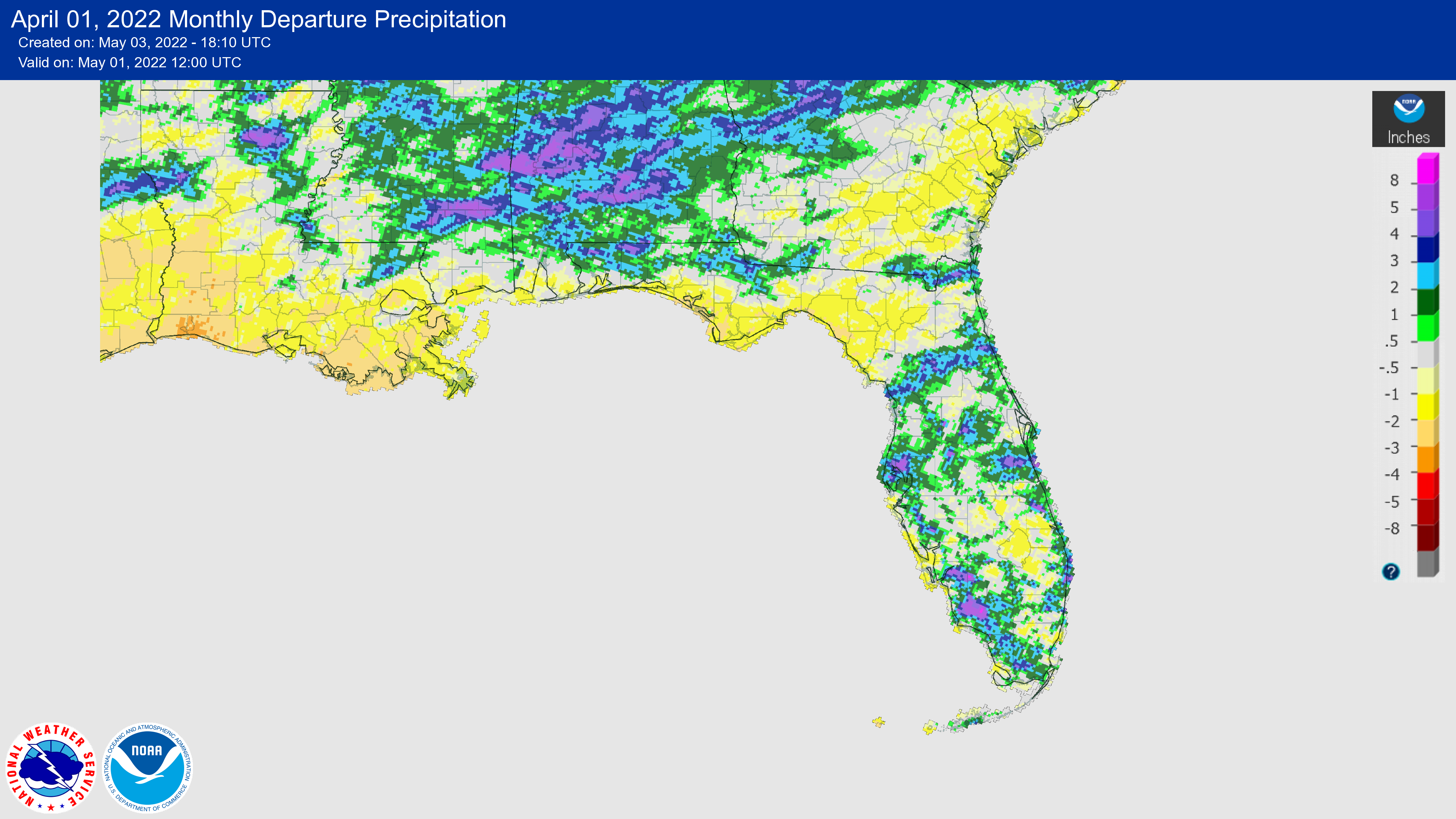 Figure 1.  A graphical depiction of the monthly rainfall departure from normal (inches) for April (courtesy of NOAA, NWS).