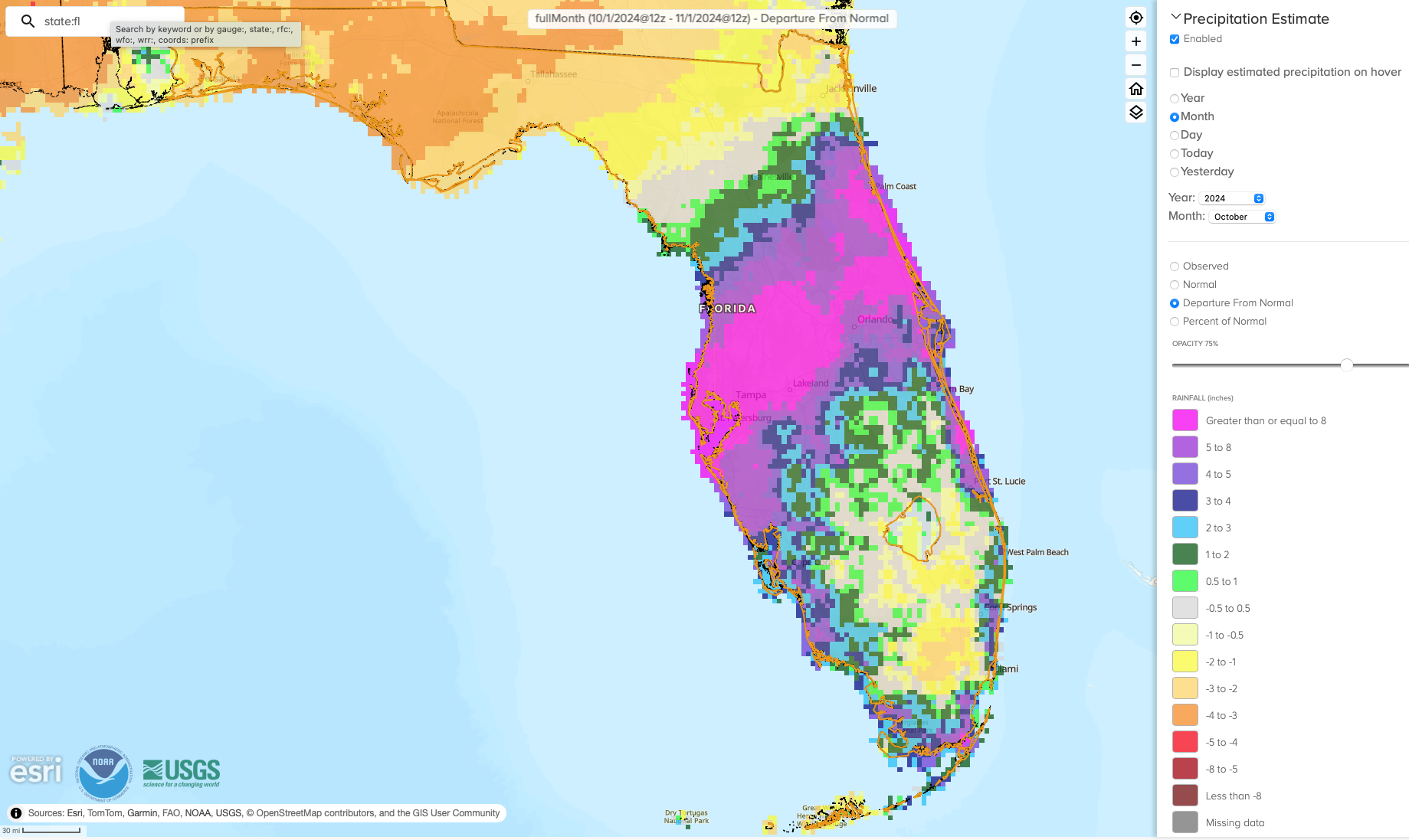 Figure 1.  A graphical depiction of the monthly rainfall departure from normal (inches) for October (courtesy of NOAA, NWS).