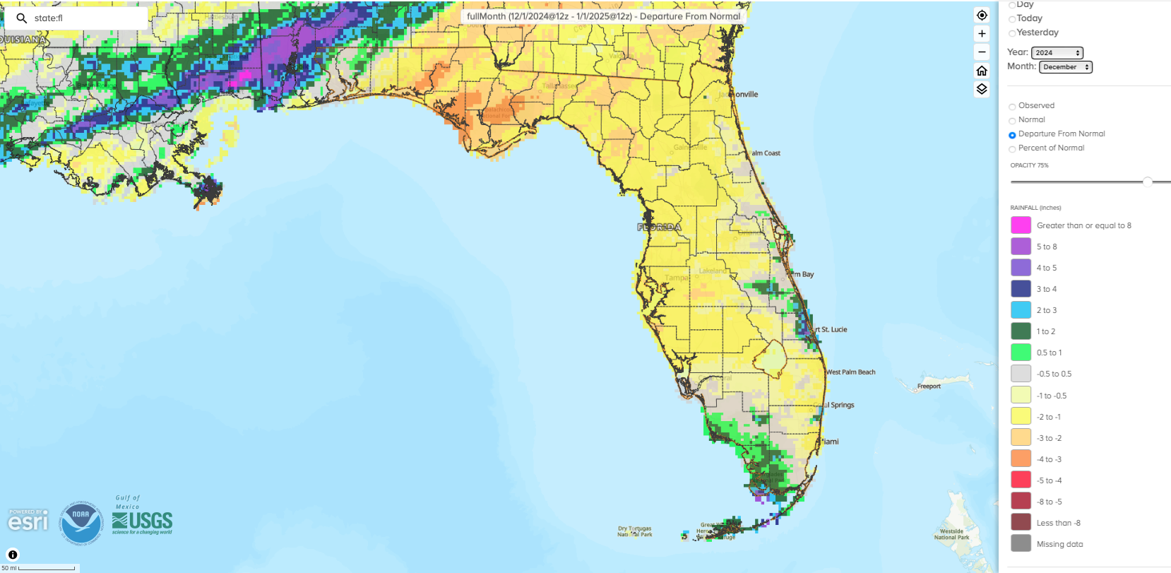 Figure 1.  A graphical depiction of the monthly rainfall departure from normal (inches) for December (courtesy of NOAA, NWS).