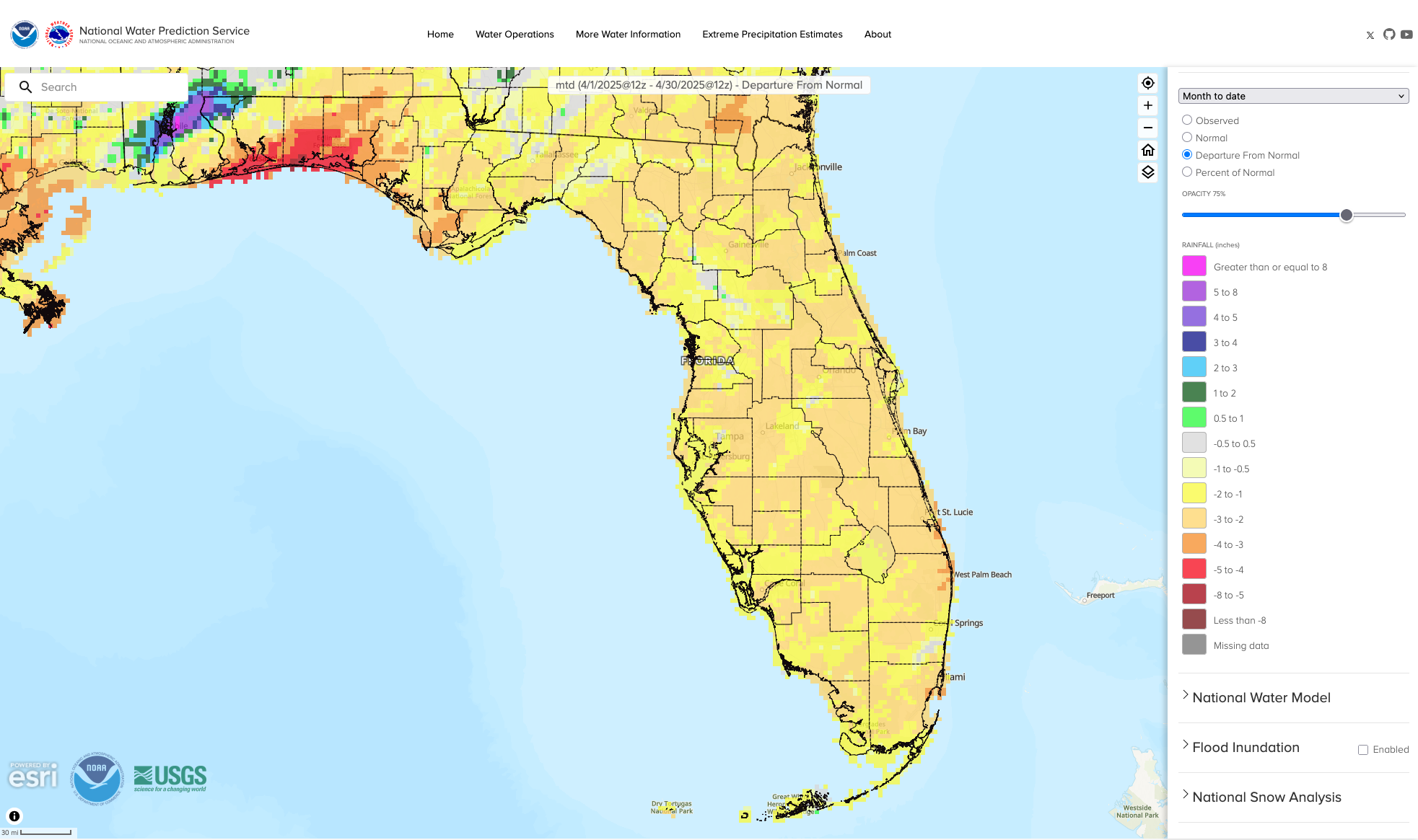 Figure 1.  A graphical depiction of the monthly rainfall departure from normal (inches) for April (courtesy of NOAA, NWS).