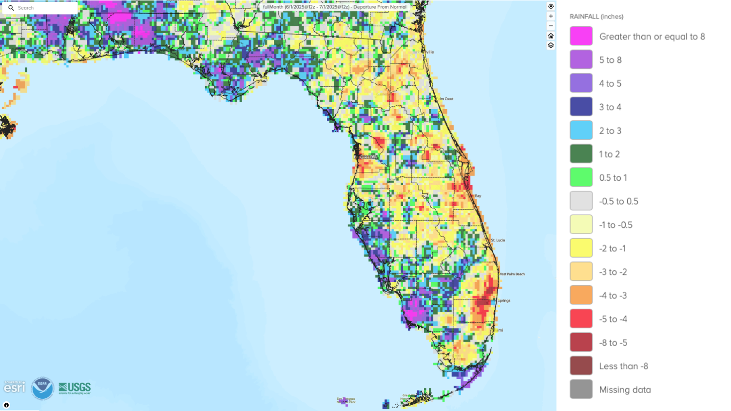 Figure 1.  A graphical depiction of the monthly rainfall departure from normal (inches) for June (courtesy of NOAA, NWS).