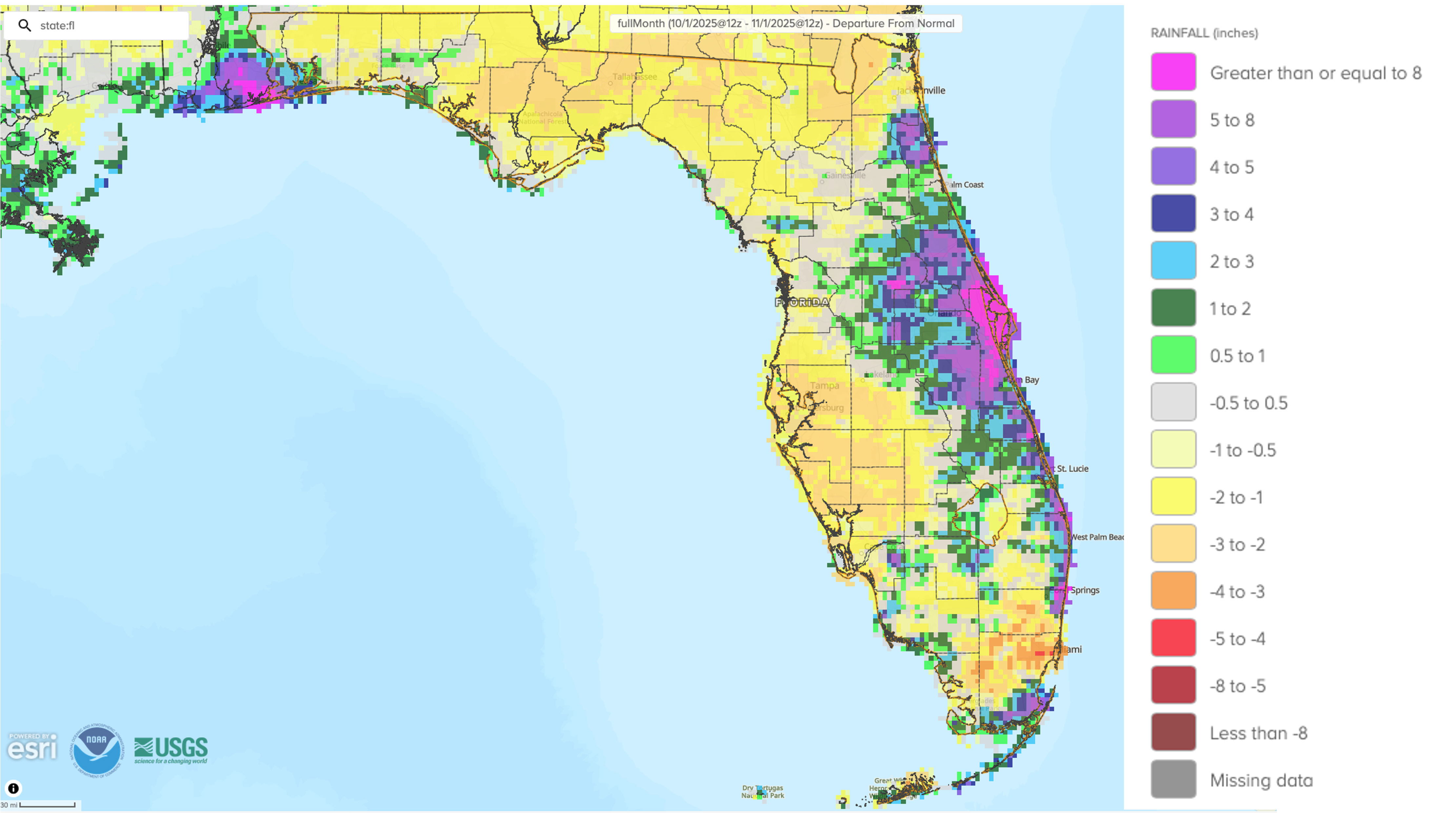 Figure 1. A graphical depiction of the monthly rainfall departure from normal (inches) for September (courtesy of NOAA, NWS).