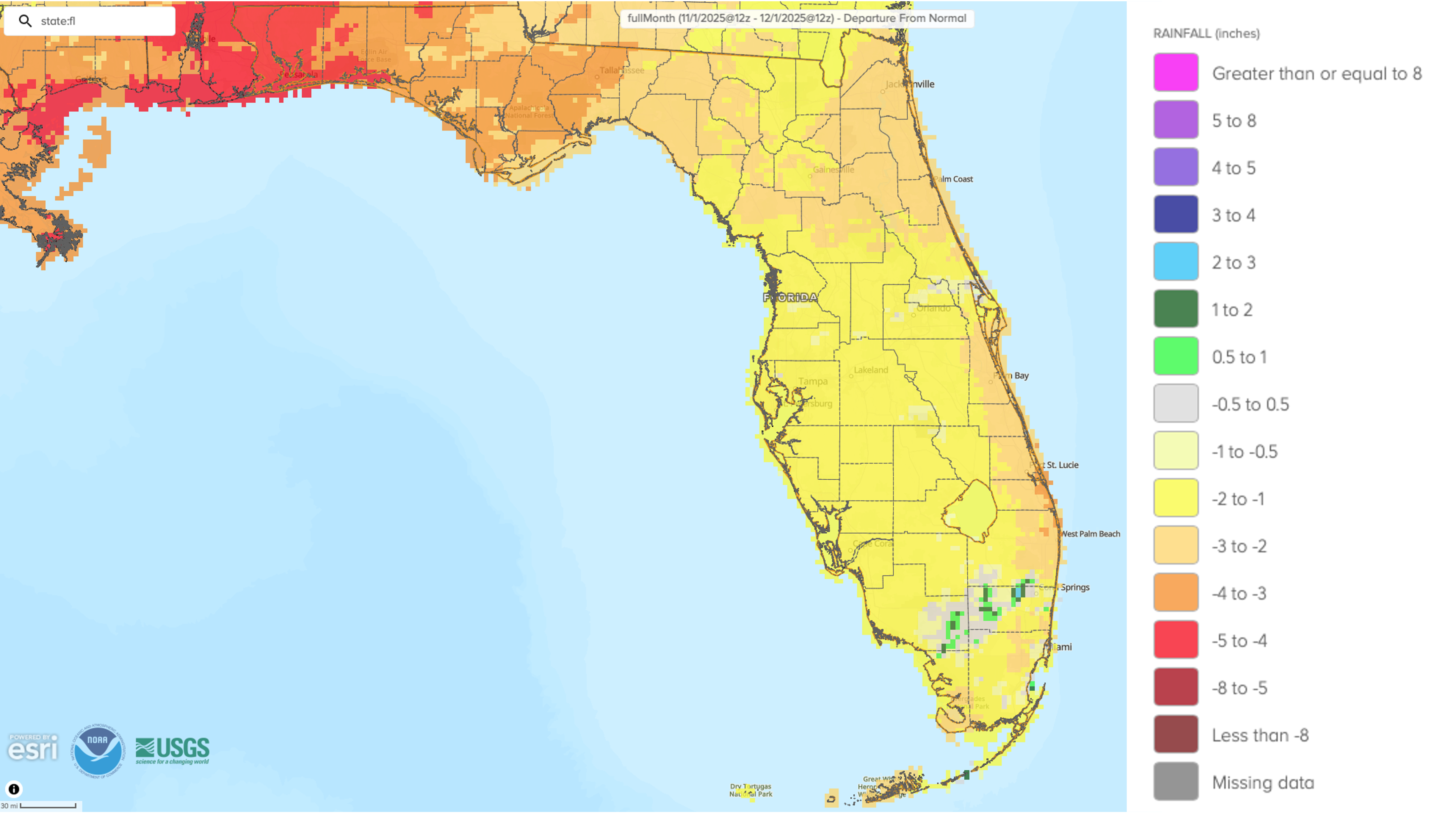 Figure 2. A graphical depiction of the monthly rainfall departure from normal (inches) for November (courtesy of NOAA, NWS).