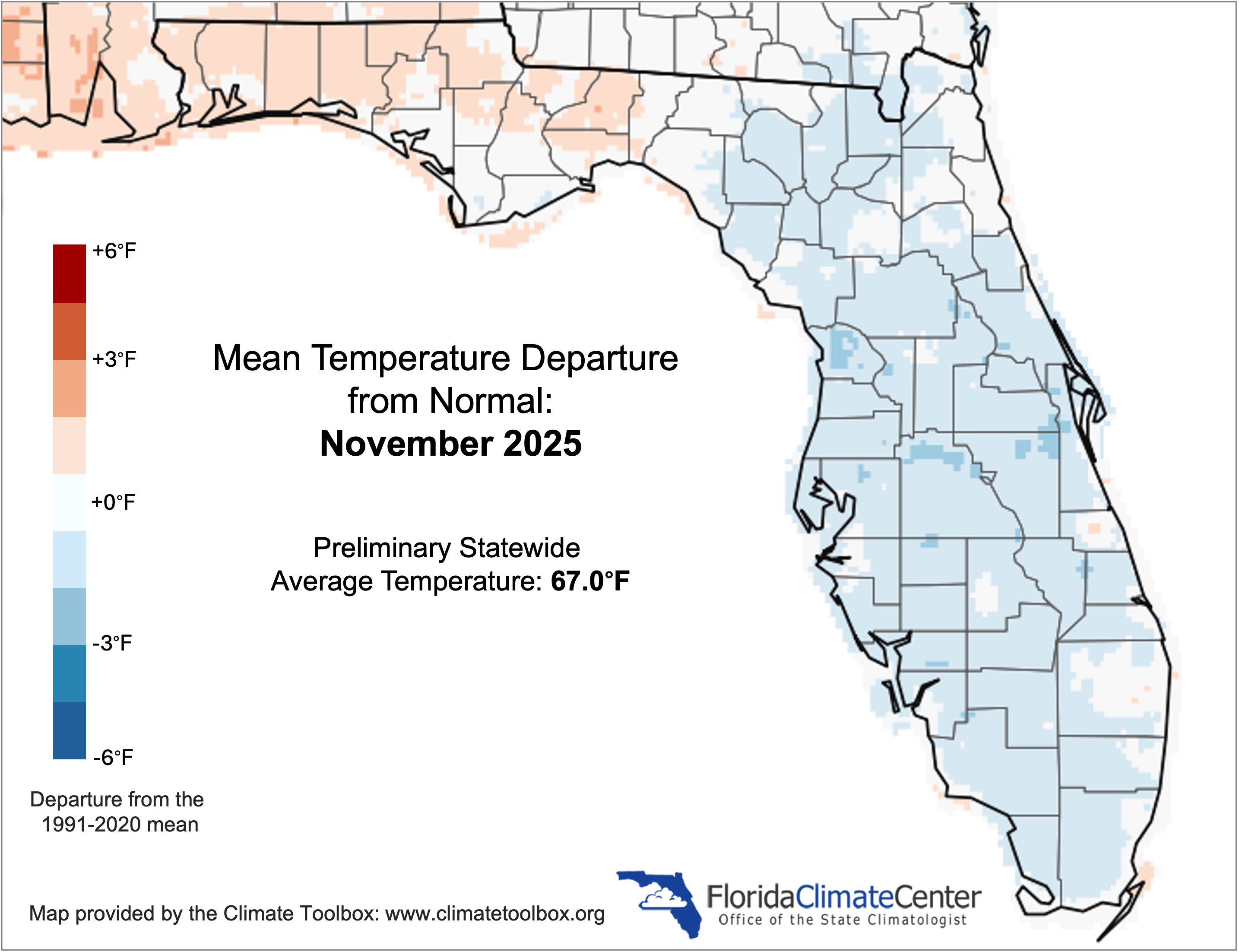 Figure 1. Monthly average temperature departures from normal (°F) for November 2025 for Florida.