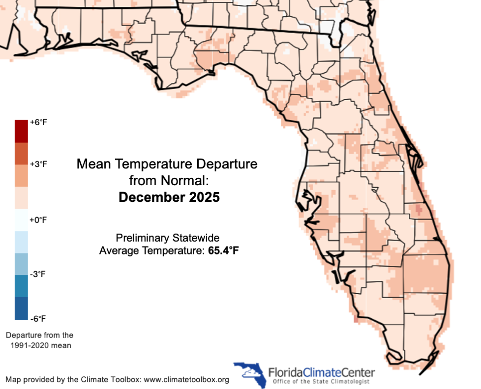 Figure 1.  Monthly average temperature departures from normal (°F) in Florida for December 2025.