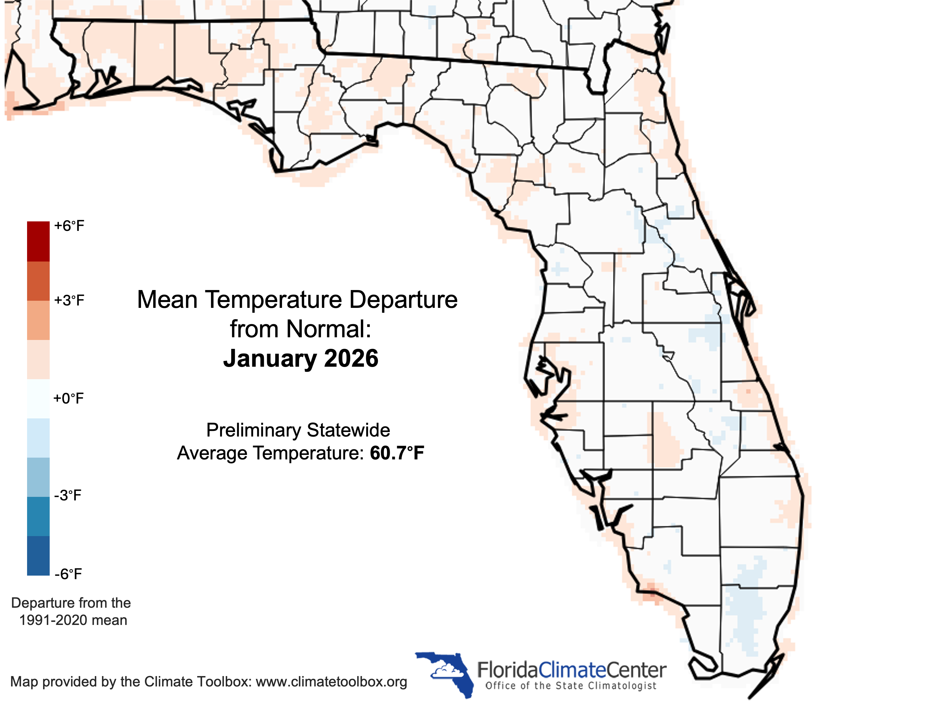 Figure 1. Monthly average temperature departures from normal (°F) in Florida for January 2026.