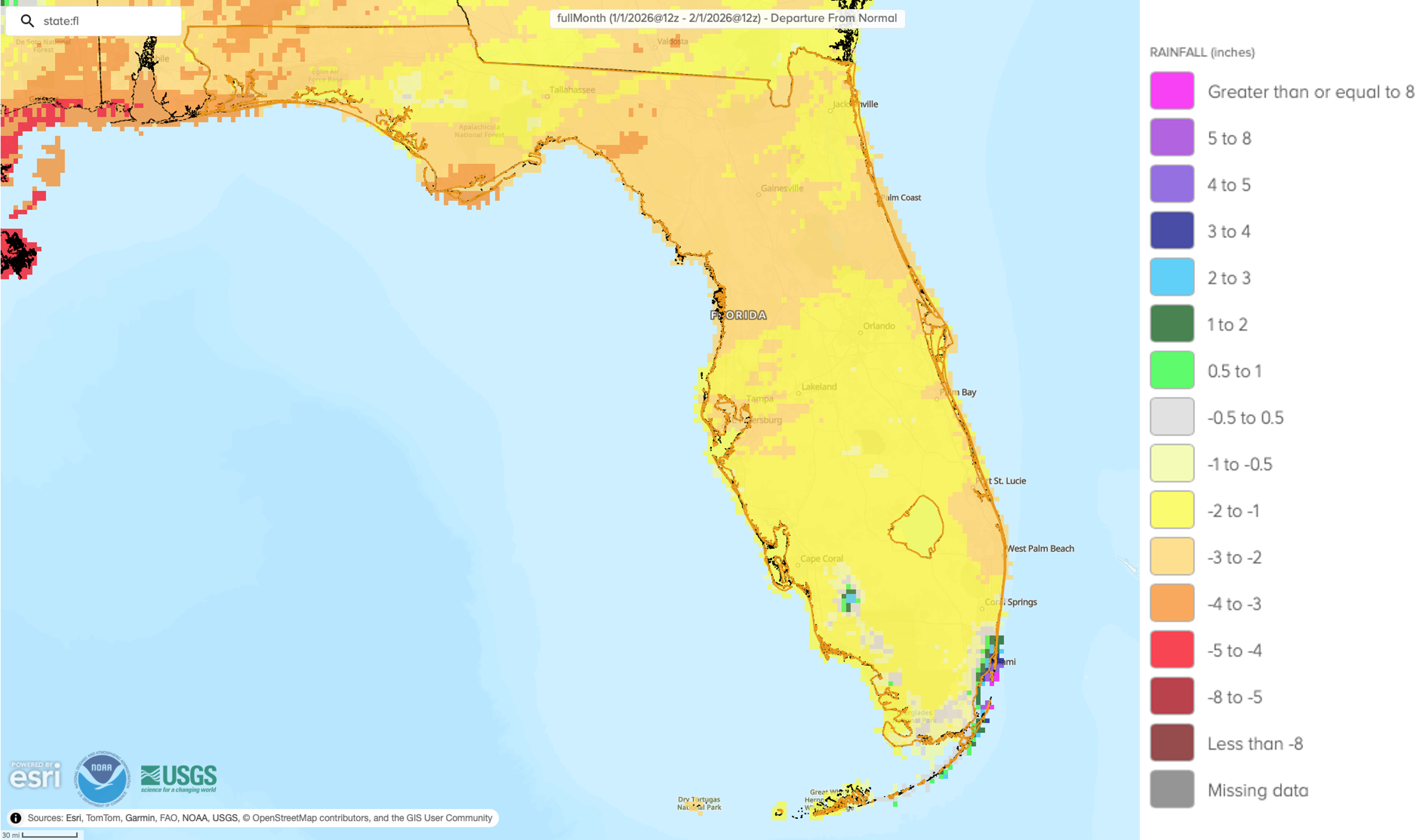 Figure 2. A graphical depiction of the monthly rainfall departure from normal (inches) for January (courtesy of NOAA, NWS).