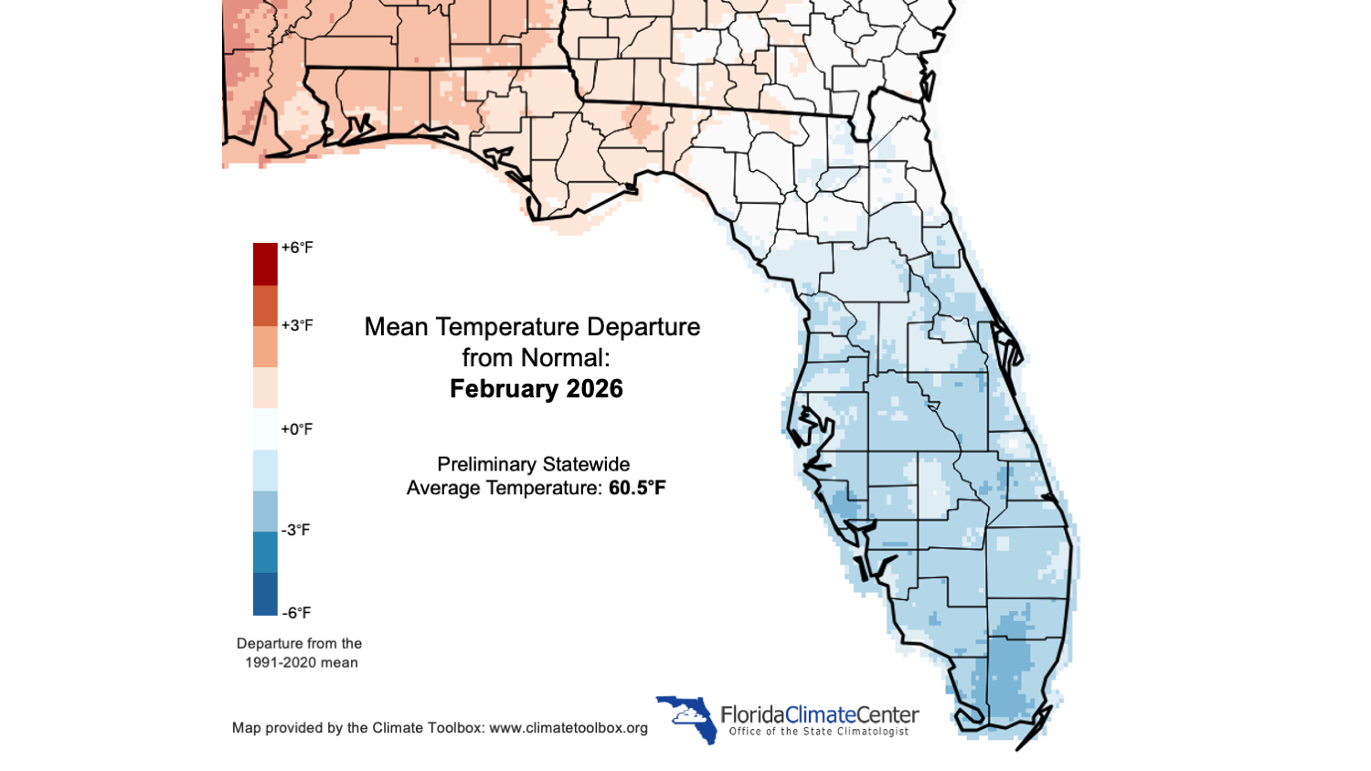 Figure 1.  Monthly average temperature departures from normal (°F) in Florida for February 2026.