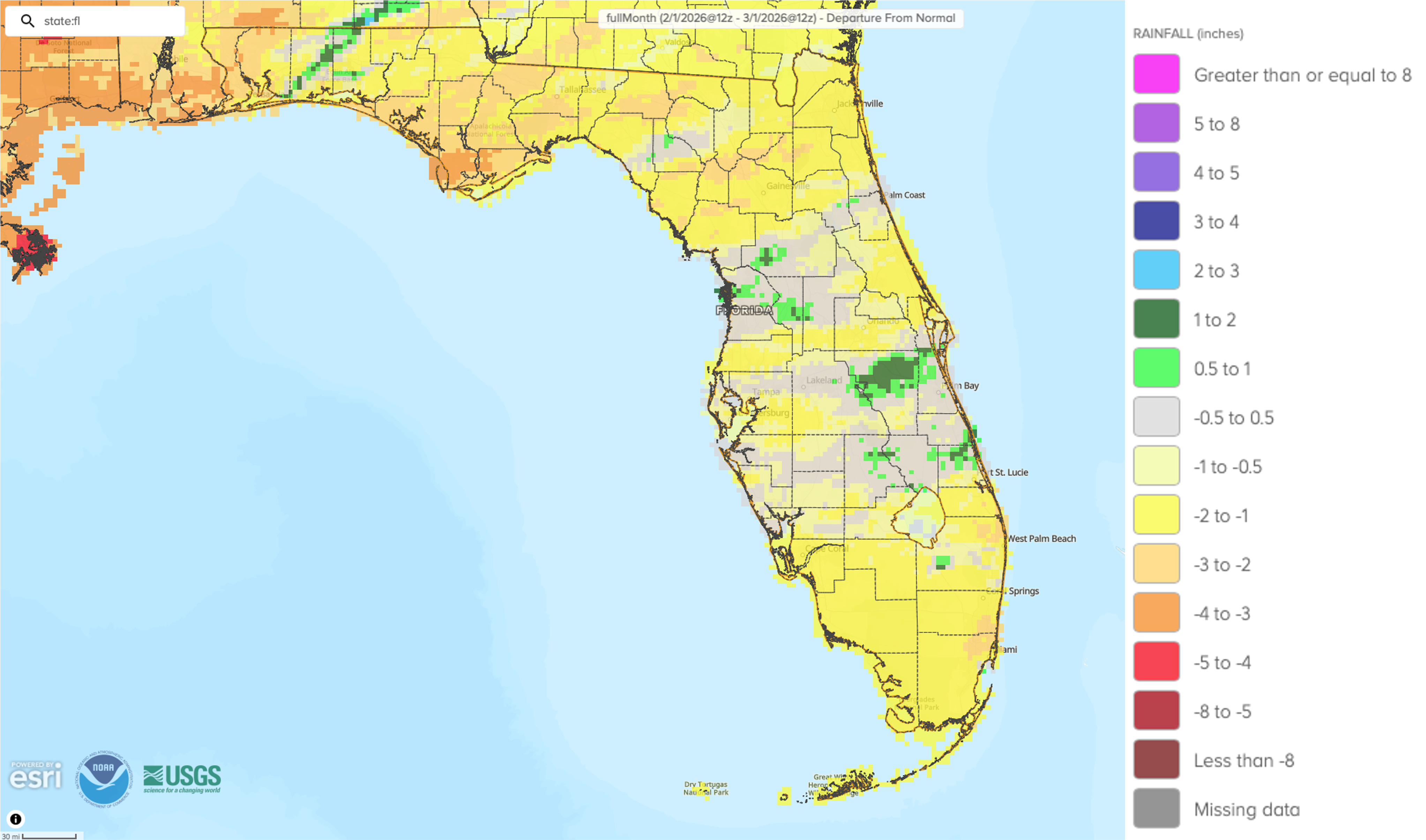 Figure 2.  A graphical depiction of the monthly rainfall departure from normal (inches) for February (courtesy of NOAA, NWS).