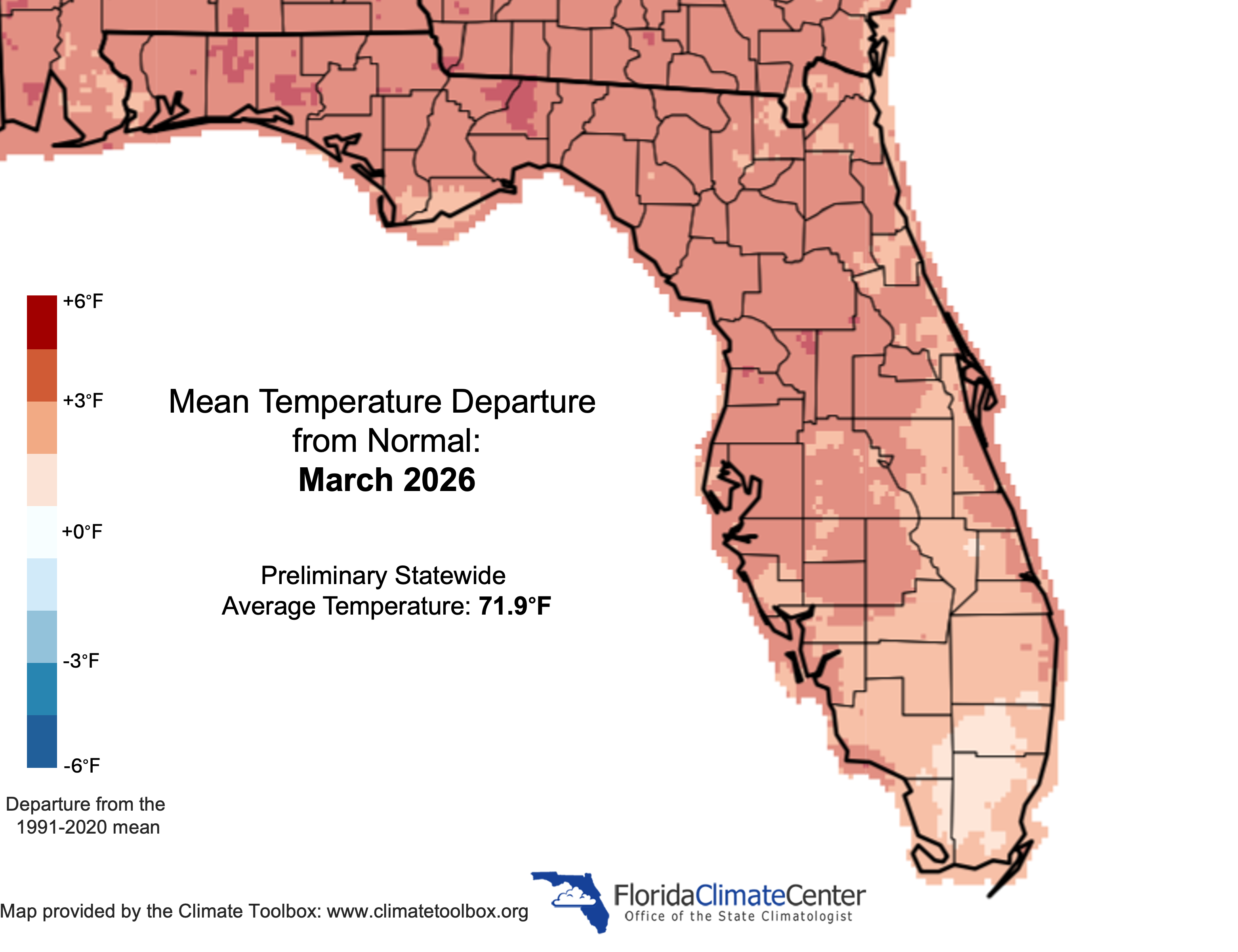 Figure 1.  Monthly average temperature departures from normal (°F) in Florida for March 2026.
