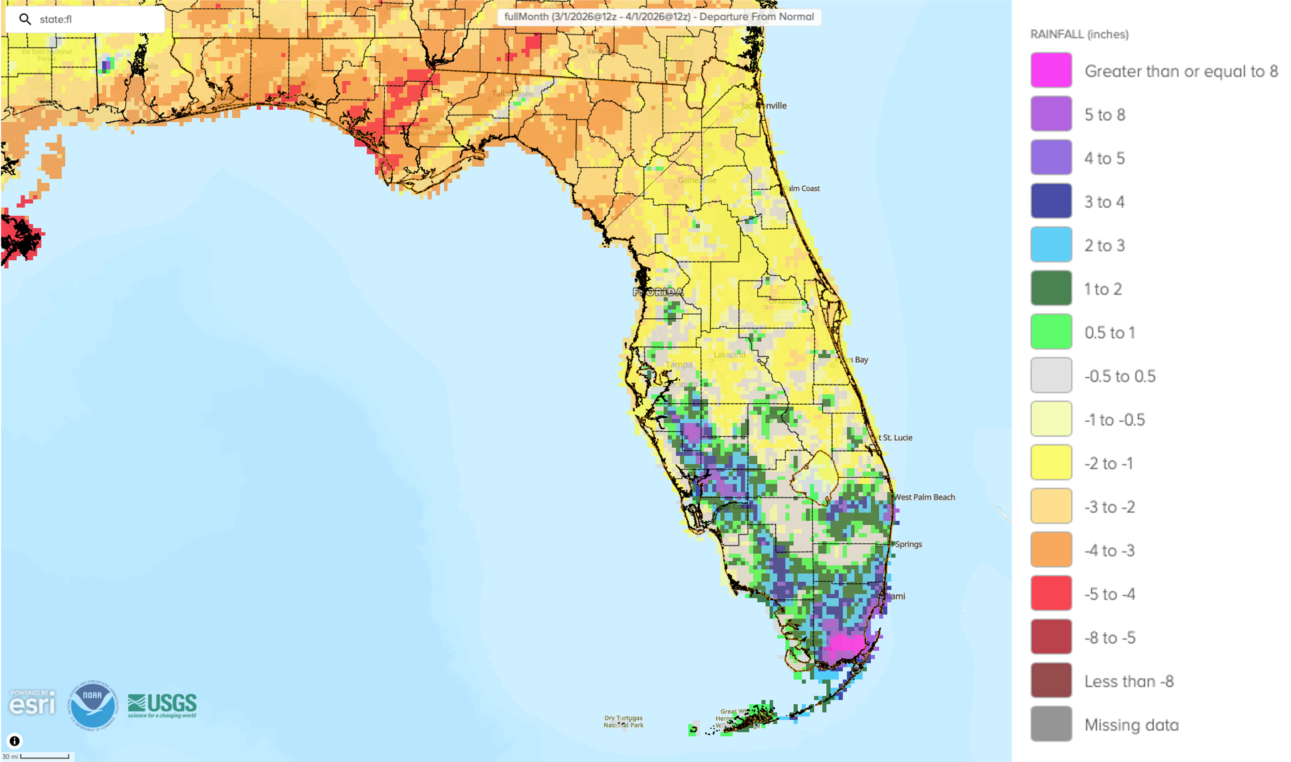 Figure 2.  A graphical depiction of the monthly rainfall departure from normal (inches) for March (courtesy of NOAA, NWS).