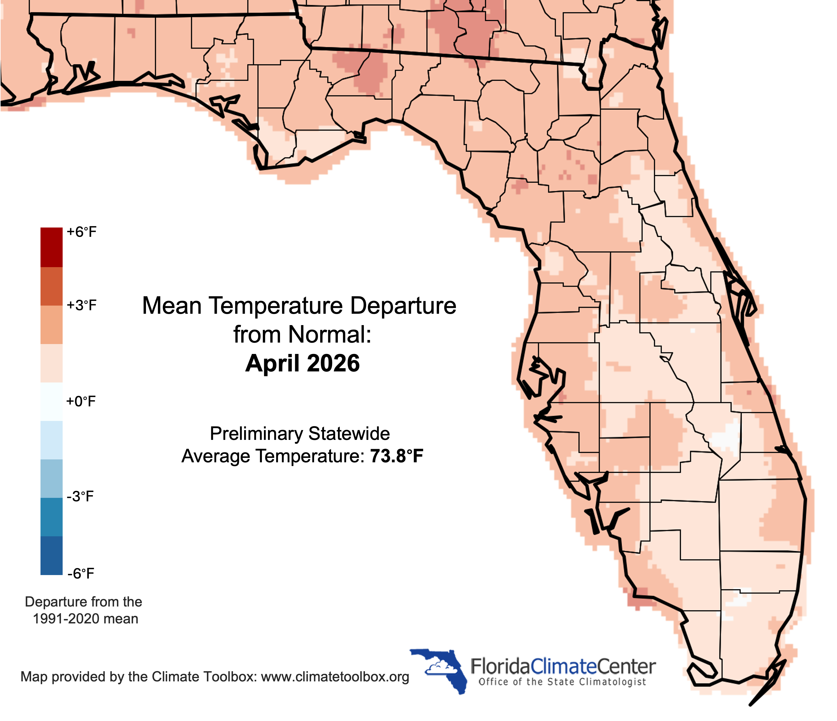 Figure 1. Monthly average temperature departures from normal (°F) in Florida for March 2026.