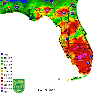 Figure 1:  KBDI values from radar-derived precipitation estimates (Courtesy of FL DOF).