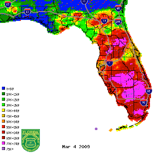 Figure 1: KBDI values from radar-derived precipitation estimates (Courtesy of FL DOF).