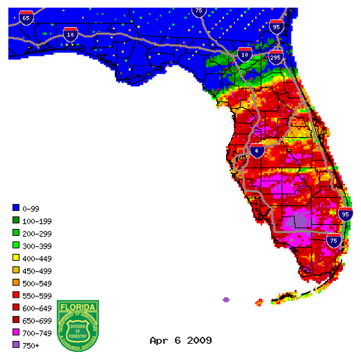 Figure 1:  :  KBDI values from radar-derived precipitation estimates (Courtesy of FL DOF).