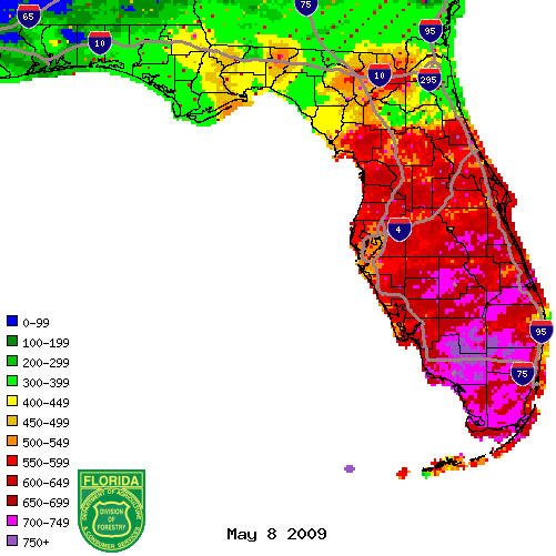 Figure 1: KBDI values from radar-derived precipitation estimates (Courtesy of FL DOF).