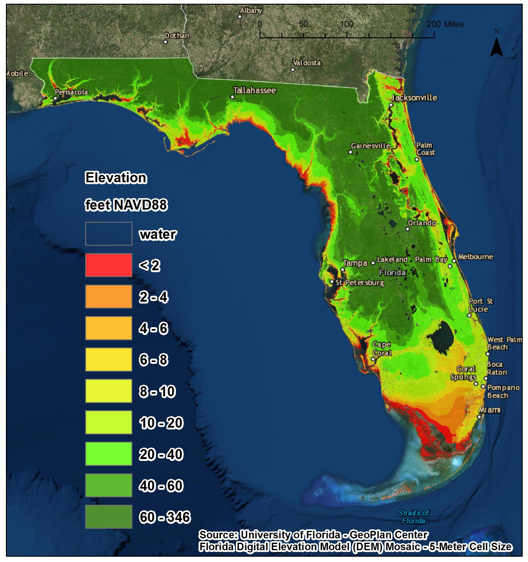 Map indicating elevation levels throughout the state of Florida 